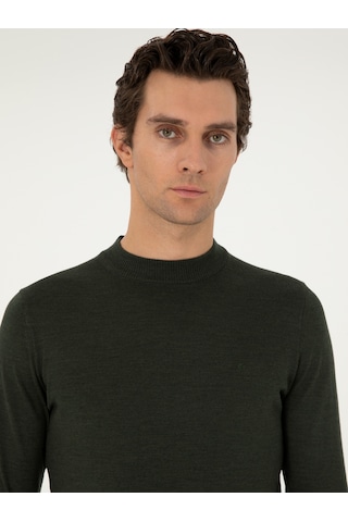 Cacharel Haki Slim Fit Yün Karışımlı Çeyrek Balıkçı Yaka Basic Triko Kazak Yesıl