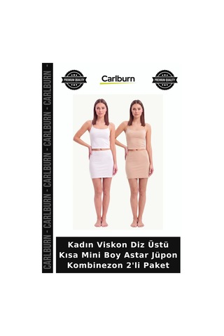 Carlburn Kadın Viskon Diz Üstü Kısa Mini Boy Astar Jüpon Kombinezon 2'li Paket Pratik Esnek Nefes Alan Ten Beyaz