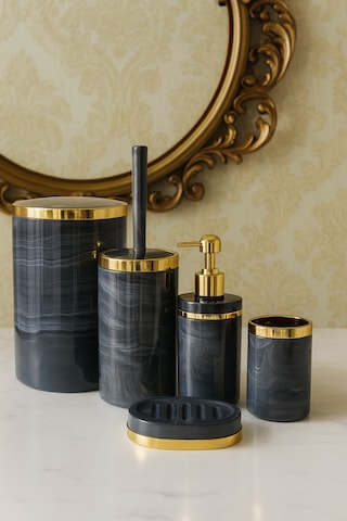 Makri Home Banyo Seti 5'li,akrilik-çöpkovası,wc Fırçalık,sıvı Sabunluk,diş Fırçalık,el Sabunluk,gold Renk Detay Gri