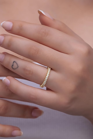Nereze 925 Ayar Gümüş Zirkon Taşlı Gold Tek Sıra Tamtur Kadın Gümüş Yüzük
