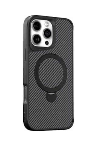 İphone 13 İle Uyumlu Kılıf Karbon Fiber Görünümlü Magsafe İle Uyumlu Stand Olabilen Carbon Case Tam Gövde Koruyucu Telefon Kılıfı Black
