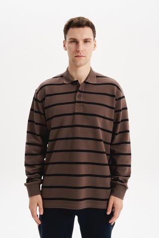 AR-MA Arma Erkek Büyük Beden Çizgili %100 Pamuk Ringel Ottoman Kumaş Polo Yaka Ribanalı Sweatshirt K30554801602 Kahverengi