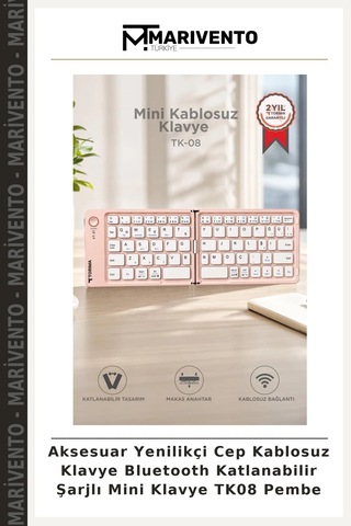 Aksesuar Yenilikçi Cep Kablosuz Klavye Bluetooth Katlanabilir Şarjlı Mini Klavye Tk08 Pembe