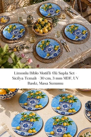 Limonlu Biblo Motifli 4lü Supla Set 30 Cm Mdf Uv Baskı Çok Renkli