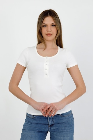 Hdm Kadın Esnek Fitilli Yakası Çıtçıtlı Ekru Kısa Kol Basic Örme Bluz - H5993
