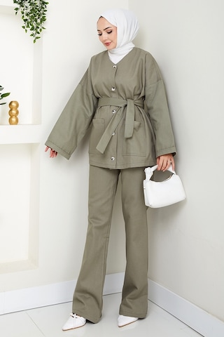 Bestenur Kemerli Ceket Pantolon Gabardin Takım 1557 - Mint Mint Yeşili