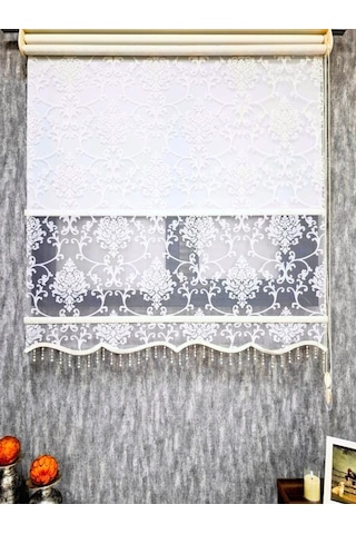 Bbb Simli Boncuklu Damask Desenli Çift Mekanizmalı Tül Stor Perde Ekru Mt1018sb Ekru