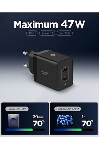 47w Usb-c 2 Port Mini Hızlı Şarj Aleti Pps 2.0 Desteği/ısı Düşürücü Gan Pro Destekli Akım Korumalı Güç Adaptörü & & Apple iPad Uyumlu, & Apple MacBook Uyumlu, Type-c - Ach09457