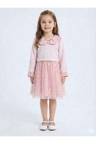 Xo Kids Bebe Yakalı Çiçek İşlemeli Tüllü Fiyonklu Kız Çocuk Elbise 3-8 Yaş 4423 Pembe
