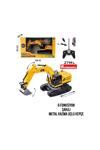 27 Mhz Uzaktan Kumandalı 6 Fonksiyonlu Şarjlı Kazma'sı Metal Kepçe Oyuncak 28 Cm Sarı