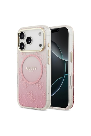 Apple Uyumlu iPhone 17 Pro Kılıf Guess Lisanslı M-safe Şarj Özellikli 4g Desenli Simli Silikon Kapak Pembe Pembe