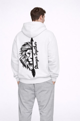 Nevermınd Stronger Together Yazılı Aslan Kaplan Baskılı Sevgili Kombini Oversize Hoodie Beyaz Beyaz