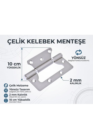 Çelik Kelebek Menteşe 10 Cm, 2 Mm Kalınlık, Saten Nikel Diğer
