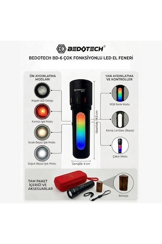 Bedotech Bd-6 30w Tg + Rgb Led Alüminyum Alaşımlı Zoomlu Type-c Pil Göstergeli Şarjlı El Feneri
