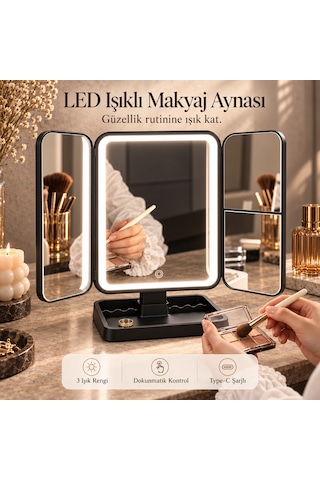 Tilbe Home Led Işıklı Makyaj Aynası Renkli Dokunmatik Büyüteçli Şarjlı Katlanabilir Masaüstü Stüdyo Ayna Siyah Tilbe Home Led Işıklı Makyaj Aynası Renkli Dokunmatik Büyüteçli Şarjlı Katlanabilir Masaüstü Stüdyo Ayna Siyah