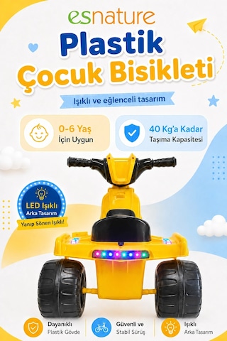 Esnature Plastik Çocuk Bisikleti 3 Tekerlekli Pedallı Led Işıklı Sarı 0-6 Yaş 40 Kg Taşıma Kapasitel