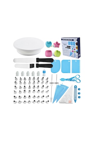 80 Adet Pasta Süsleme Kitleri, Buzlanma Uçları, Pasta Poşetleri, Pasta Döner Tablası, Çiçek Tırnakları, Krem Spatula, Kazıyıcı, Pişirme, Buzlanma Araç