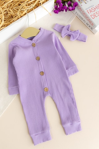 Babymod Fitilli Düğme İliklemeli Saç Bandlı Pamuklu Kız Bebek Tulum Set LİLA