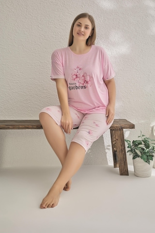 Estiva Kadın Çiçek Desenli Kısa Kollu Kaprili Büyük Beden Yazlık Viskon Pijama Takımı - Pembe Çok Renkli