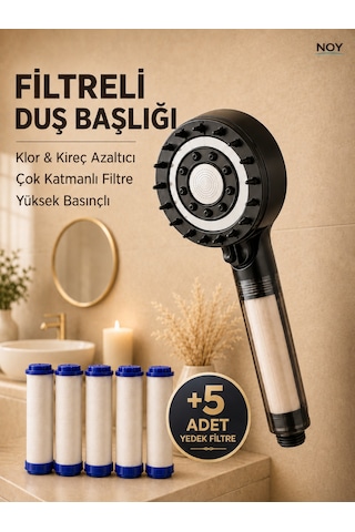 Noy Filtreli Duş Başlığı 5 Yedek Filtre İle Su Arıtmalı, Klor Ve Kireç Önleyici, Yüksek Basınçlı Siyah