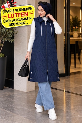 Esra Butik78 Kadın Kapitone Yelek Uzun Boy Fermuarlı Tesettür Yelek Siyah