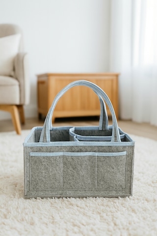 Anne Bebek Kalın Keçe Bakım Çantası Yenidoğan Için Organizer Düzenleyici Çok Amaçlı Gri Mavi Overlok Detay