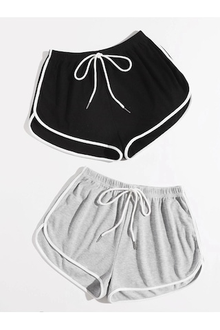 Siyah-gri 2'li Yırtmaçlı Şeritli Bermuda Penye Şort - Penye Kordonlu Siyah-gri