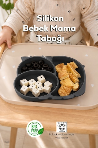 Porsima Mys34005 Silikon 3 Bölmeli Kaymaz Bebek Mama Tabağı Antrasit 14 21cm