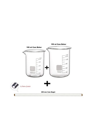 Agena Cam Beher Seti 3 Parça, 1'er Adet 100ml, 150ml Cam Beher Ve 250mm Cam Baget