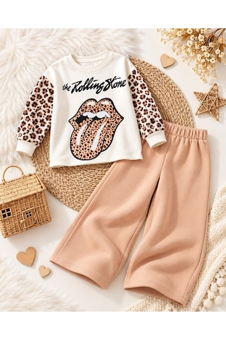 Lolliboomkids Kız Çocuk Leopar Geçişli Trend Lips Baskılı Alt Üst Takım Sütlü Kahve Çok Renkli