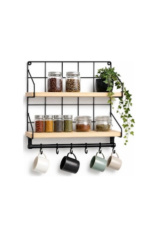 Tr Mutfak Rafı - 2 Katlı Baharatlık Ve 6'li Kupa Askısı - Duvar Tipi Metal Ahşap Mutfak Düzenleyici - 40x30x10 Cm Diğer