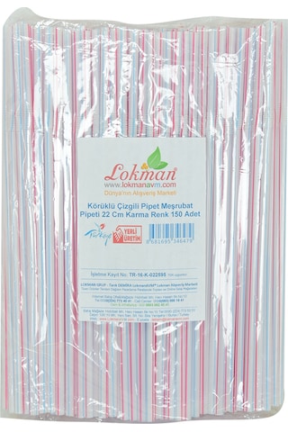 Lokman Avm Körüklü Çizgili Pipet Ayran Kola Meşrubat Pipeti 22 CM Karma Renk 150 Adet Paket