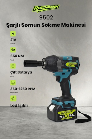 Reschmann R-9502 21V 4.0AH Akülü Torklu Somun Sıkma Bijon Sökme Kömürsüz Matkap