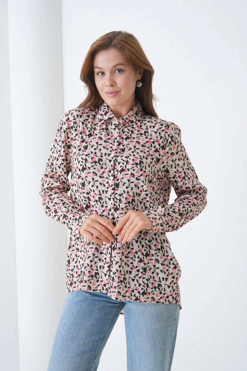 Kadın Tesettüre Uygun Desenli Uzun Kol Pamuk Şık Büyük Beden Desenli Curve Rahat Gömlek Kahverengi