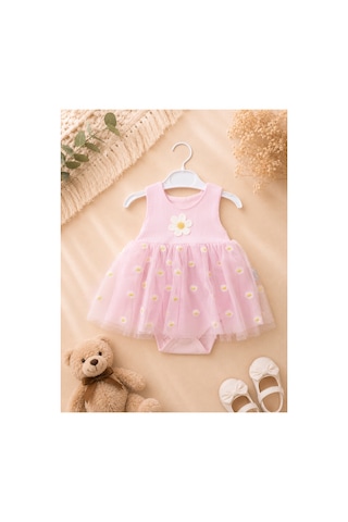 Omeca Concept Kız Bebek Papatya Desenli Tüllü Body Elbise Şık Tütü Elbise Görünümlü Çıtçıtlı Bebek Body Pembe