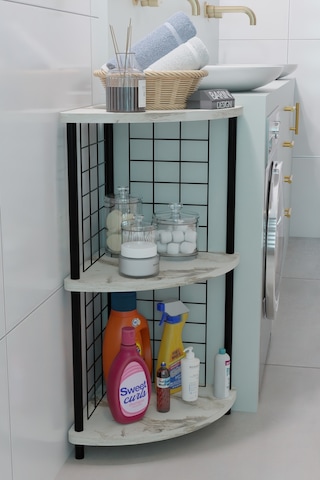 3 Raflıı Köşe Raf Banyo Ve Çamaşır Odası Çok Amaçlı Düzenleyici Metal Gövde Çevir Kur Kolay Kurulum Beyaz Mermer