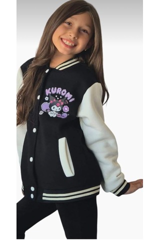 Cg Kids Kuromi İçi Şardonlu Sırt Baskı Detaylı Kolej Ceket Pembe Renk Süper Kalite Kumaş Baskı Siyah