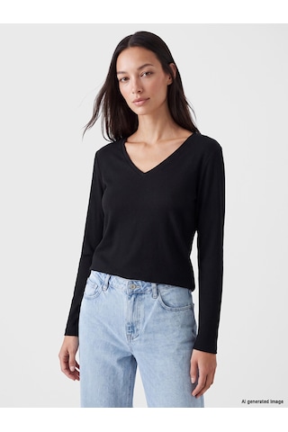 Lc Waikiki Lc Waıkıkı Siyah V Yaka Kadın Fitilli Body