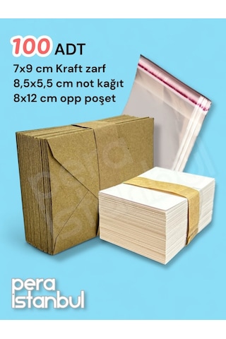 100 Adet Mini Zarf 70mmx90mm Kraft Zarf Hediye Doğum Günü Dilekleri Zarfı Beyaz Not Kartlı Poşetli