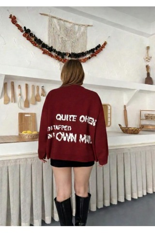 Flex Fashıon Kadın Popüler Yıldız Detaylı Salaş Oversize Trend Triko Kazak Bordoo - 815291364 Bordoo - 815291364 Bordoo