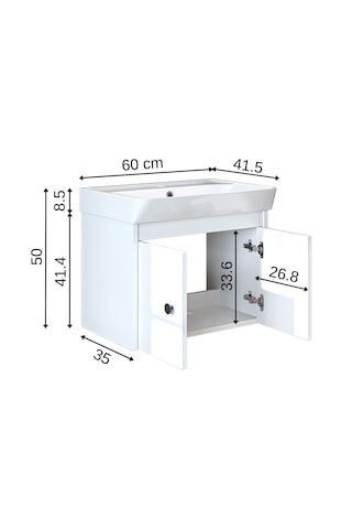 Ada Lavabolu Mat Suntalam Banyo Alt Dolabı 60 Cm Beyaz Mat Beyaz