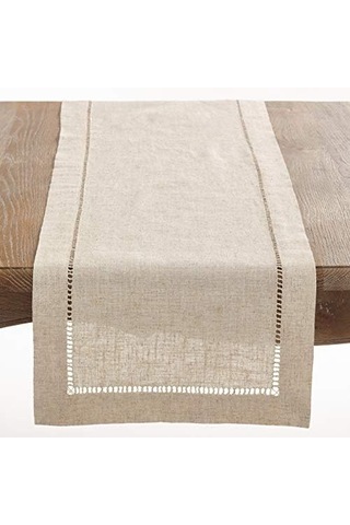 Saro Lıfestyle Polyester Ve Keten Karışımı Hemstitch Kenarlı Masa Örtüsü, Doğal, 40,64 Cm X 304,8 Cm Acı Kahverengi