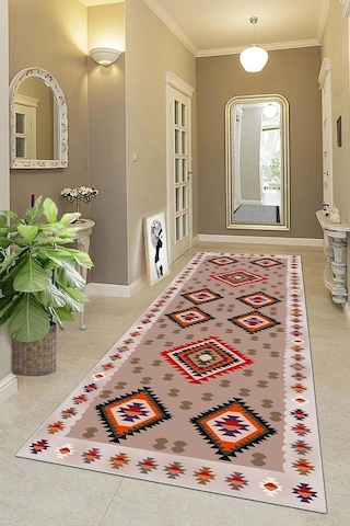 Pelangi Kilim Desenli Etnik Dijital Baskı Yıkanabilir Kaymaz Taban Modern Salon Halı Ve Yolluk, Bej 60 X 200, 9554118 Çok Renkli