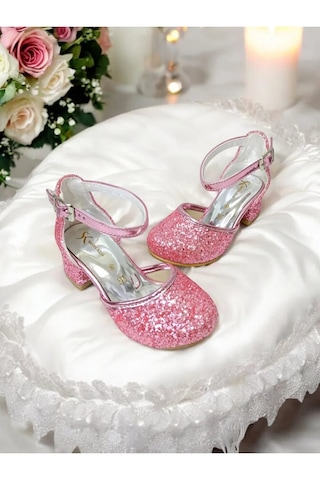 Nese Shoes Kız Çocuk Işıltılı Topuklu Ayakkabı, Kız Çocuk Abiye Ayakkabı Pembe