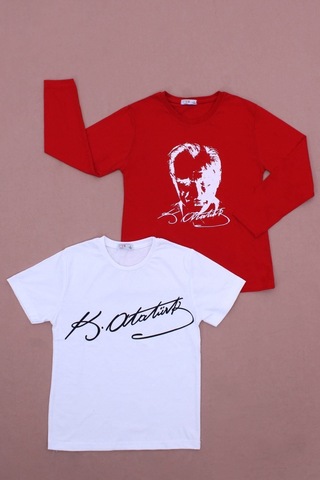 Fyk Kids 2'li Atatürk-imza Farklı Desenli Erkek-kız Çocuk T-shirt Beyaz - Kırmızı
