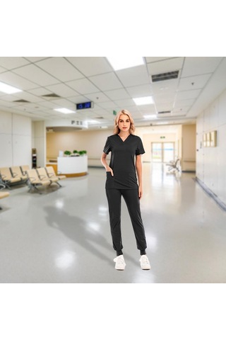 Homyl Rahat Hemşirelik Ovma Seti Spa Üniformaları Moda M-siyah