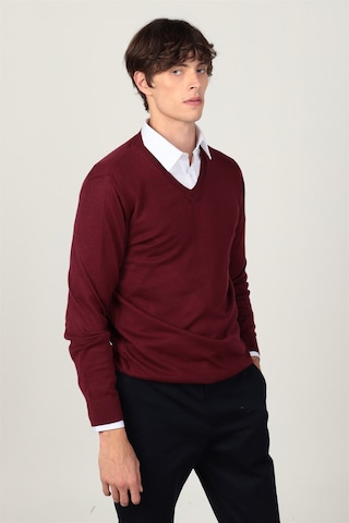 Tudors Slim Fit Dar Kesim V Yaka Pamuklu Erkek Kazak-8087 Bordo