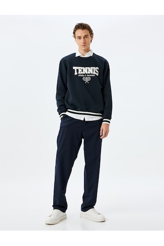 Koton Bisiklet Yaka Şardonlu Pamuk Karışımlı Slogan İşlemeli Sweatshirt Lacivert 5wam70167mk Lacivert