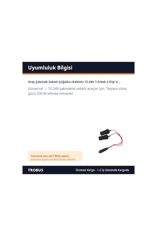 Trobus Araç Çakmak Soketi Çoğaltıcı Kablolu 12-24v 1 Erkek 2 Dişi Uçlu