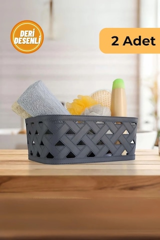 Deri Desenli Sepet, 2'li Set, Antrasit Gri
